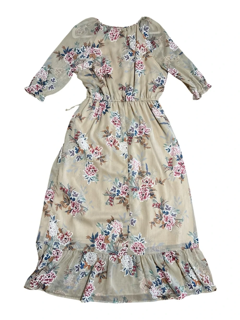 Just Found Floral Maxi Dress Sheer Chiffon Ruffle Hem Neutral Boho Pink Blue